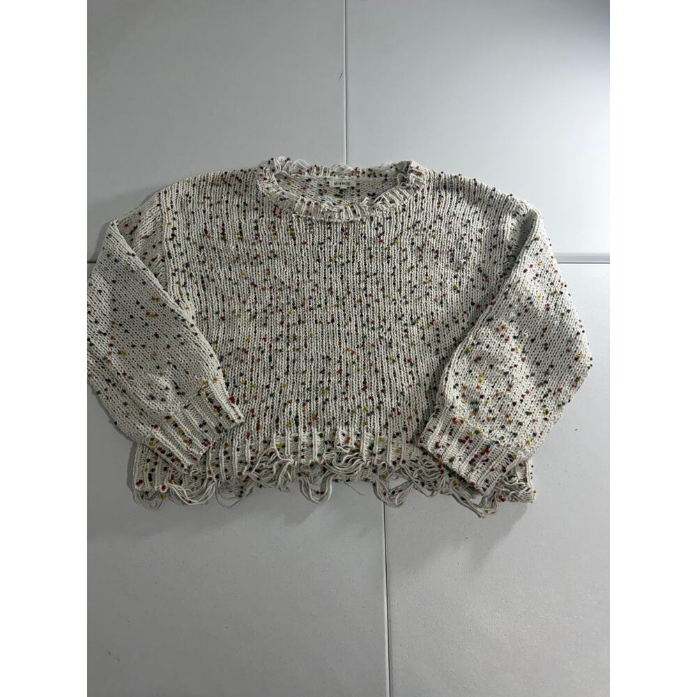 Miracle USA White Confetti Knit Fringe Hem Pullover Sweater Womens M/L Colorful